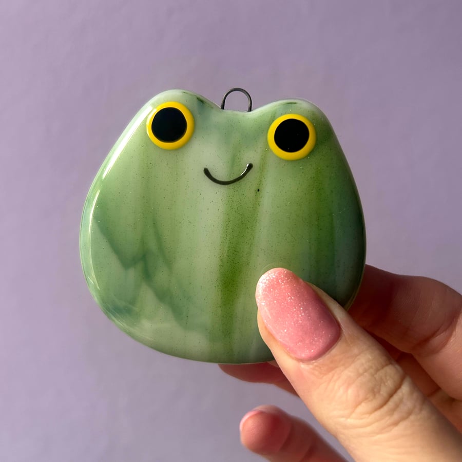 Fused Glass Froggy Family Hanging Decorations -  Light Green Cheerful