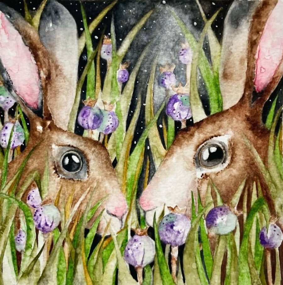 Nocturnal Hares Rabbits in Poppyseed Field Watercolour Print Art 