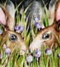 Nocturnal Hares Rabbits in Poppyseed Field Watercolour Print Art 