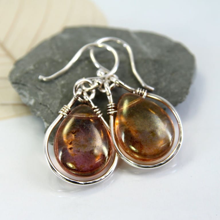 Silver Framed Earrings Wire Wrapped Red Orange Glass Drop Earrings
