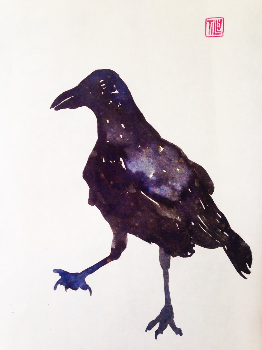 Crow, raven ink drawing, painting, japanese