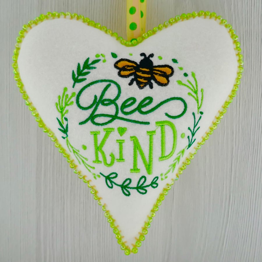 Beaded Felt Heart Decoration: Embroidered Bee Kind design 6.25” (16cm)