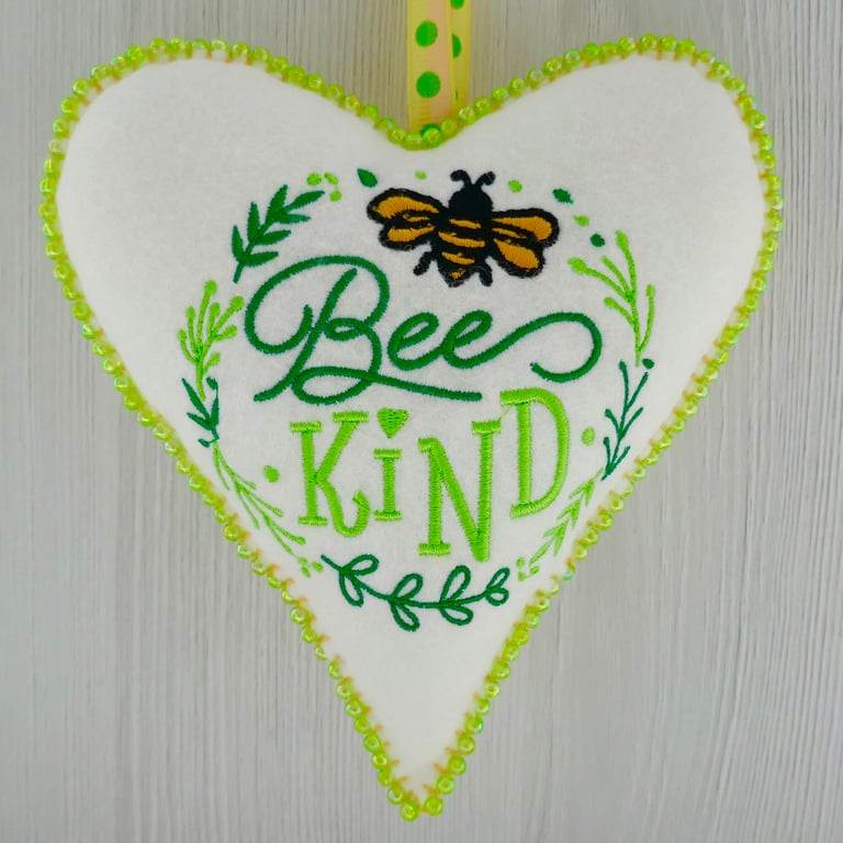 Beaded Felt Heart Decoration: Embroidered Bee Kind design 6.25” (16cm)