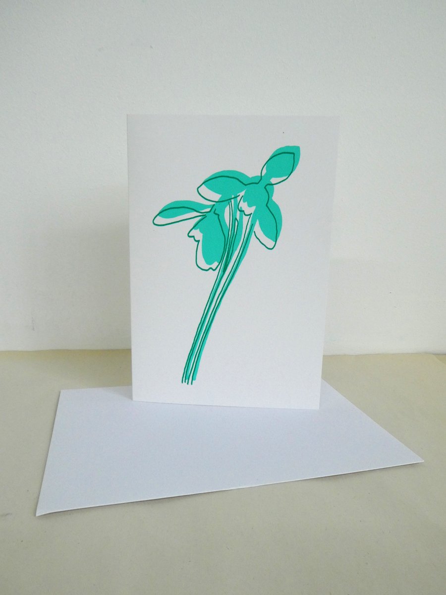 Hand screen printed card - Snowdrops, aqua green