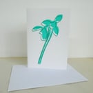 Hand screen printed card - Snowdrops, aqua green