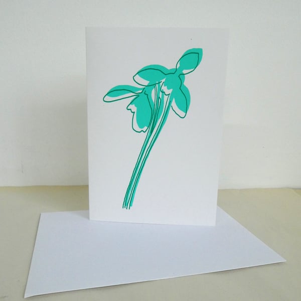 Hand screen printed card - Snowdrops, aqua green