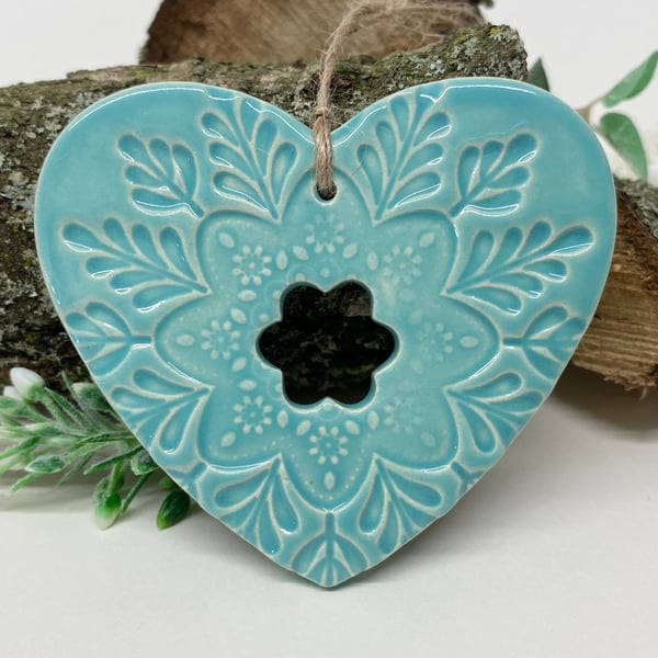 Ceramic heart hanging decoration Pottery heart mid turquoise