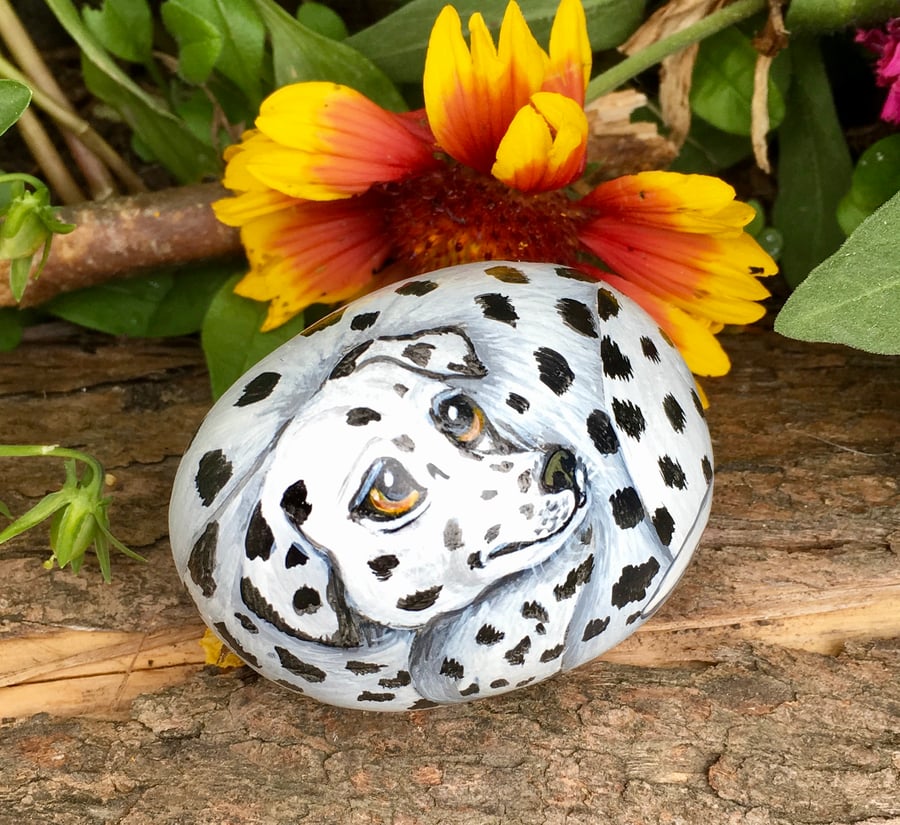 Dalmatian dog hand painted pebble rock pet ornament 