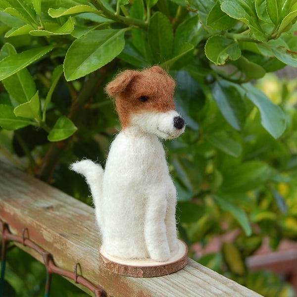 Needle felt white and brown dog, 9 cm tall, wool dog, Jack Russell Dog
