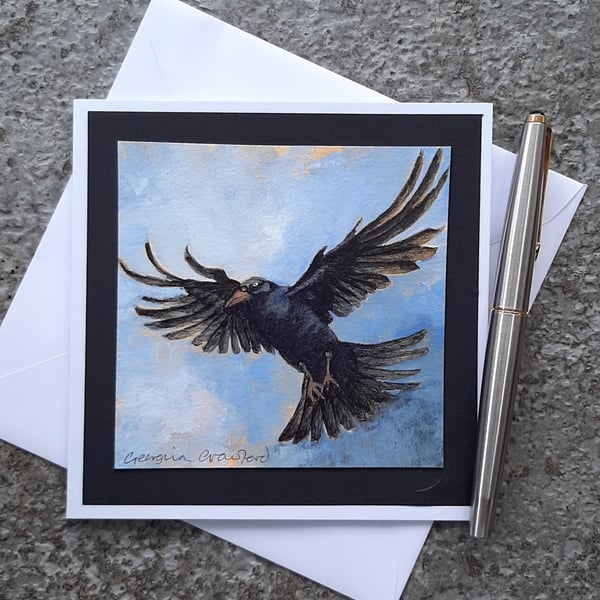 Hooded Crow. Handpainted Blank Card.