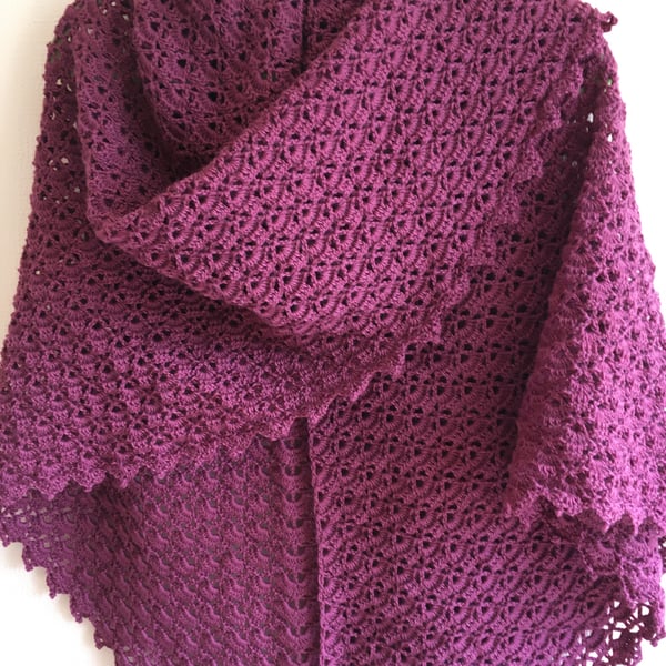 Garnet Crochet Triangular Wrap Shawl in 4 Ply British soft wool 