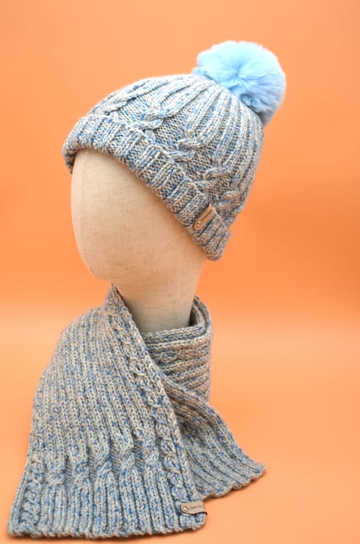 Blue and White Cable Aran Knit hat and scarf