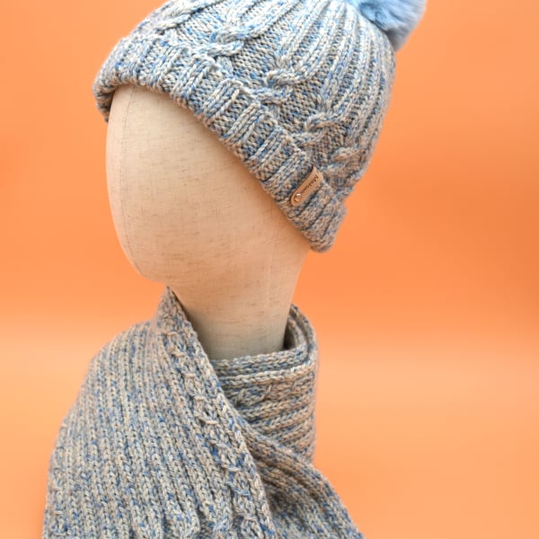 Simple Cable Aran Knit hat and matching scarf