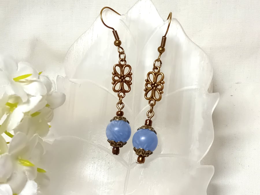 Blue Lace Agate & Bronze Earrings