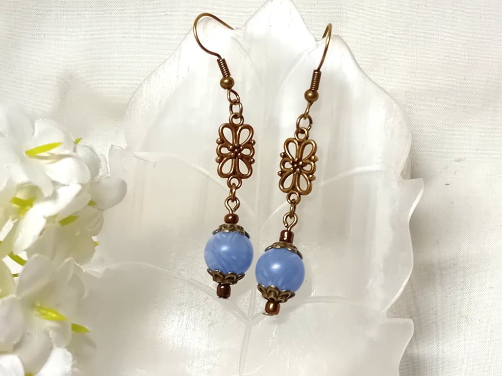 Blue Lace Agate & Bronze Earrings