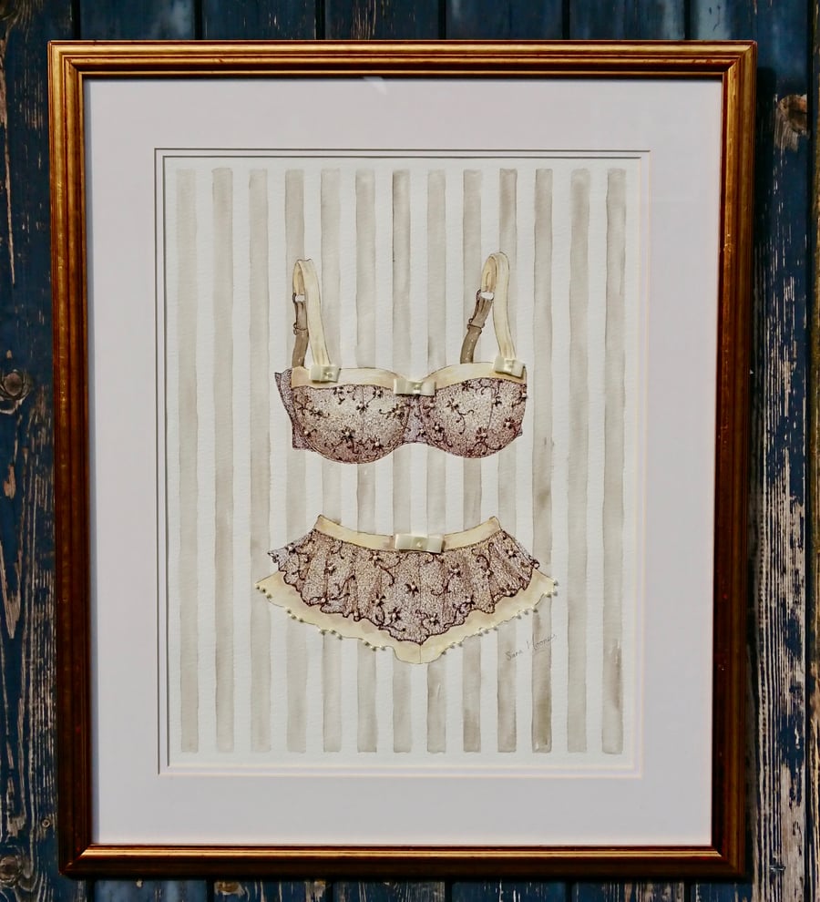 Cream bra and knickers watercolour painting with pearls and ribbon.