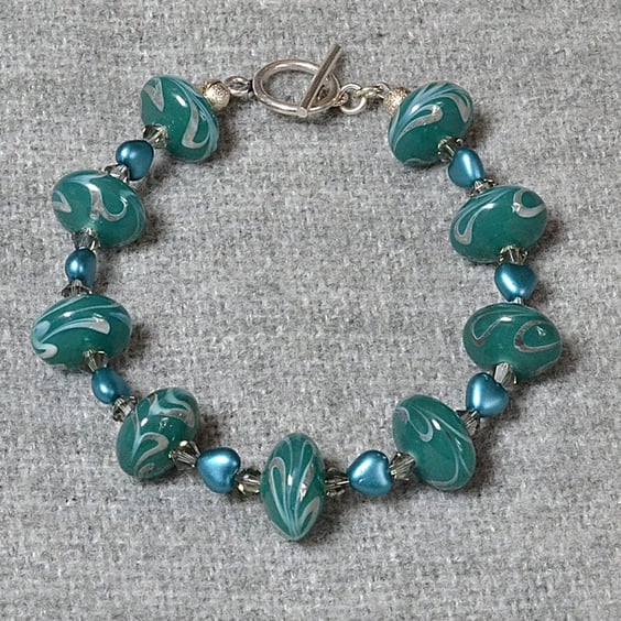 Green Heart and Green Silver-Swirl Rondelle Bracelet with Smoky Crystal Bicones