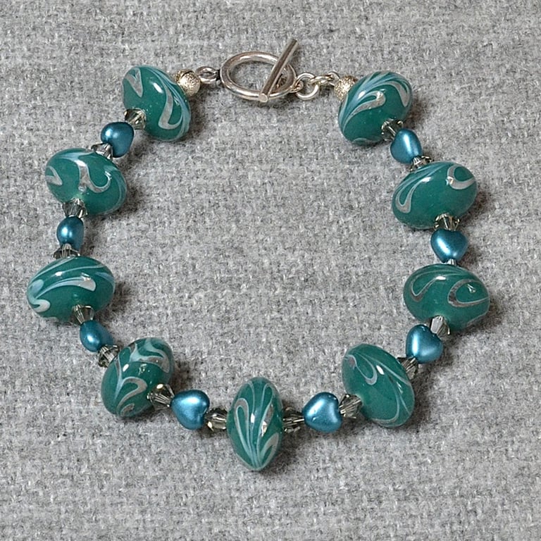 Green Heart and Green Silver-Swirl Rondelle Bracelet with Smoky Crystal Bicones