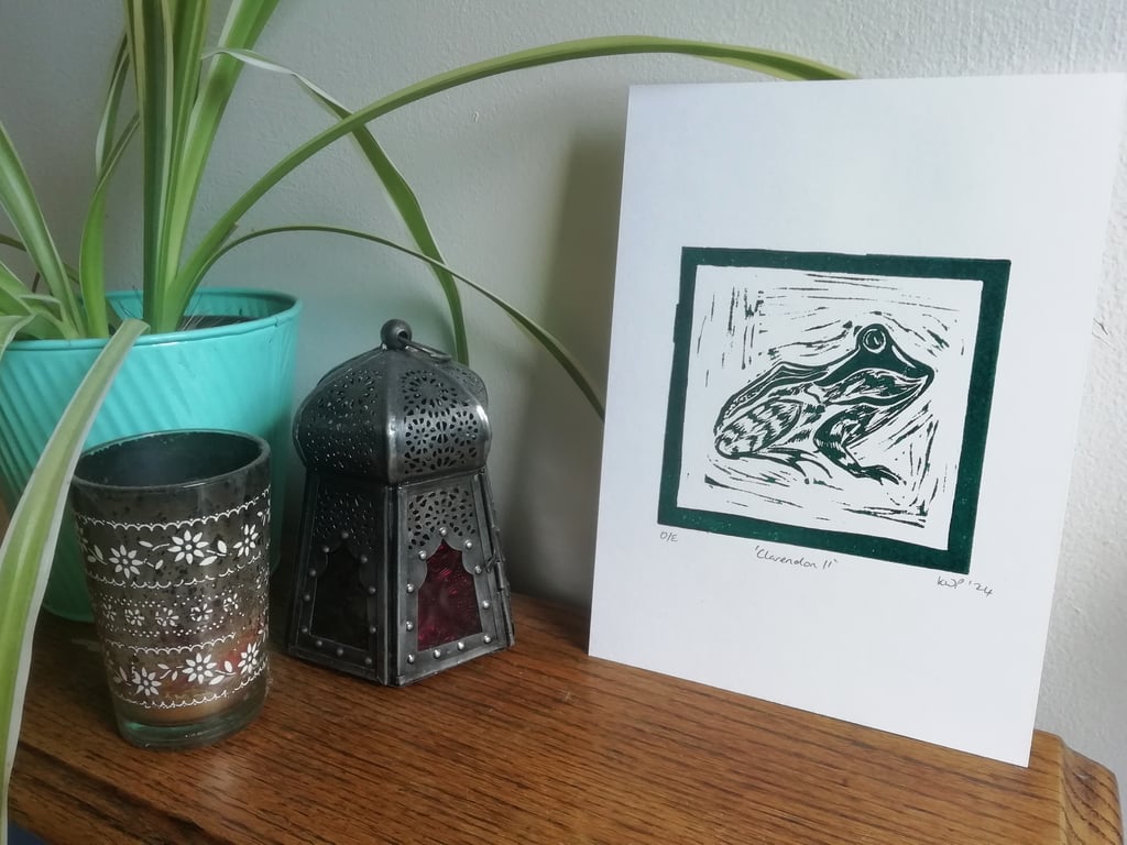 ‘Clarendon’ Frog Print – Original Handmade Linocut Print A5 by Kathryn.Prints