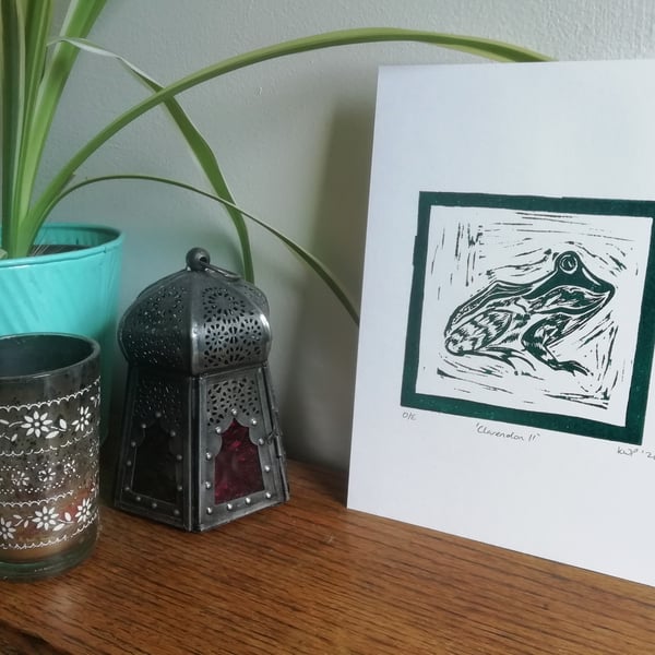 ‘Clarendon’ Frog Print – Original Handmade Linocut Print A5 by Kathryn.Prints