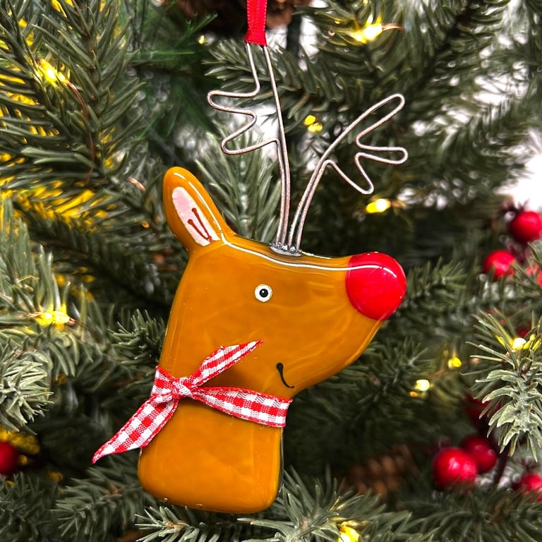Fused Glass Rudolph the Red Nosed Reindeer Christmas Decoration