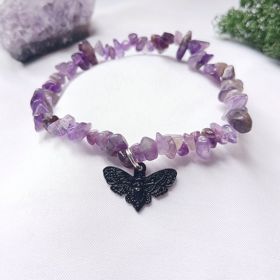 Handmade Amethyst Bracelet with Whimsigoth Death Moth Charm