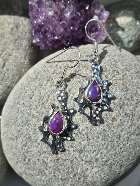 Sterling silver and  purple copper turquoise mosaic earrings 