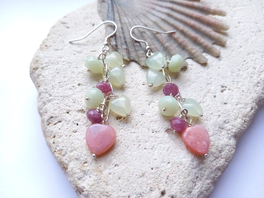 Ruby, Pink Opal and Serpentine Waterfall Drop Earrings with Sterling Silver