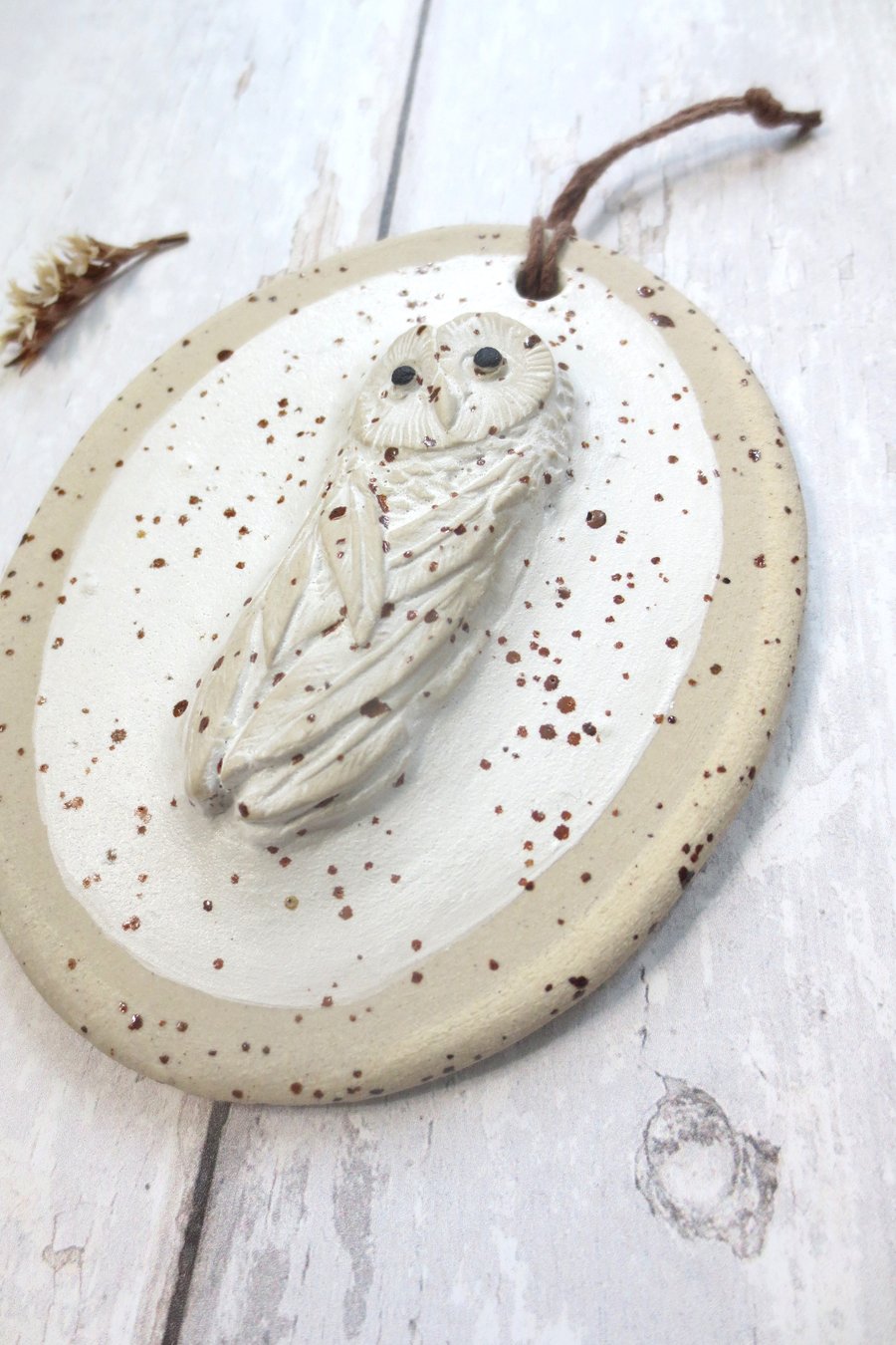 Hand-built stoneware snowy owl wall plaque ornament in white