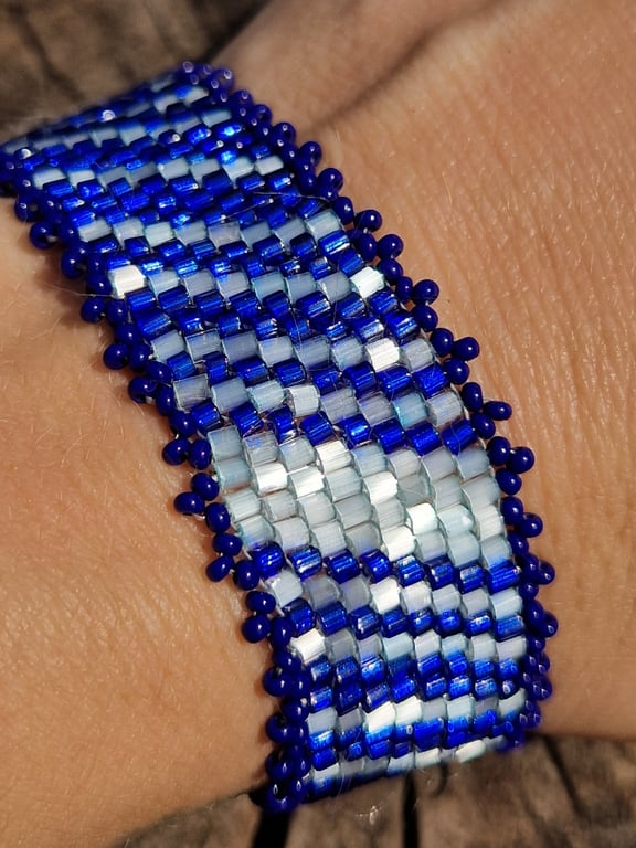 Shimmering blue peyote beaded cuff bracelet