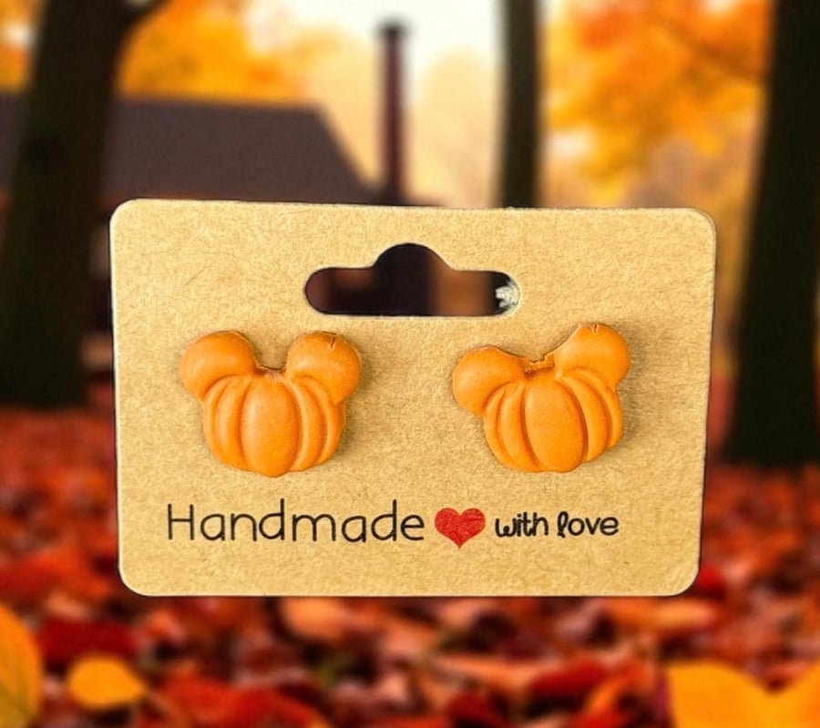 Polymer clay orange pumpkin mouse head stud earrings