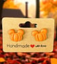 Polymer clay orange pumpkin mouse head stud earrings - Image 1