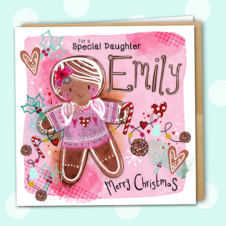 Gingerbread Christmas Pink Christmas personalised white square 6" linen card
