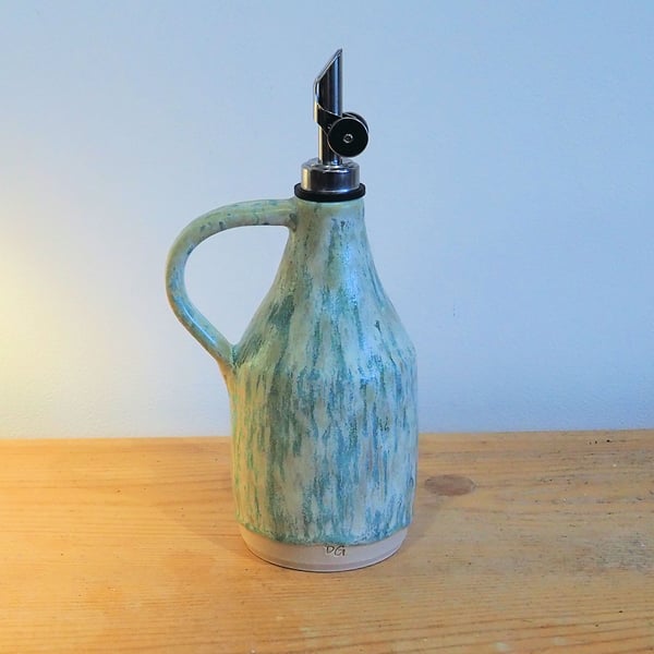 Oil or vinegar drizzler, white. turquoise glaze homemade pottery