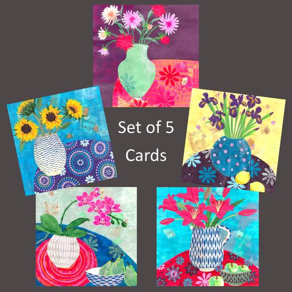 Set of 5 Handmade Floral Fine Art Greeting Cards 