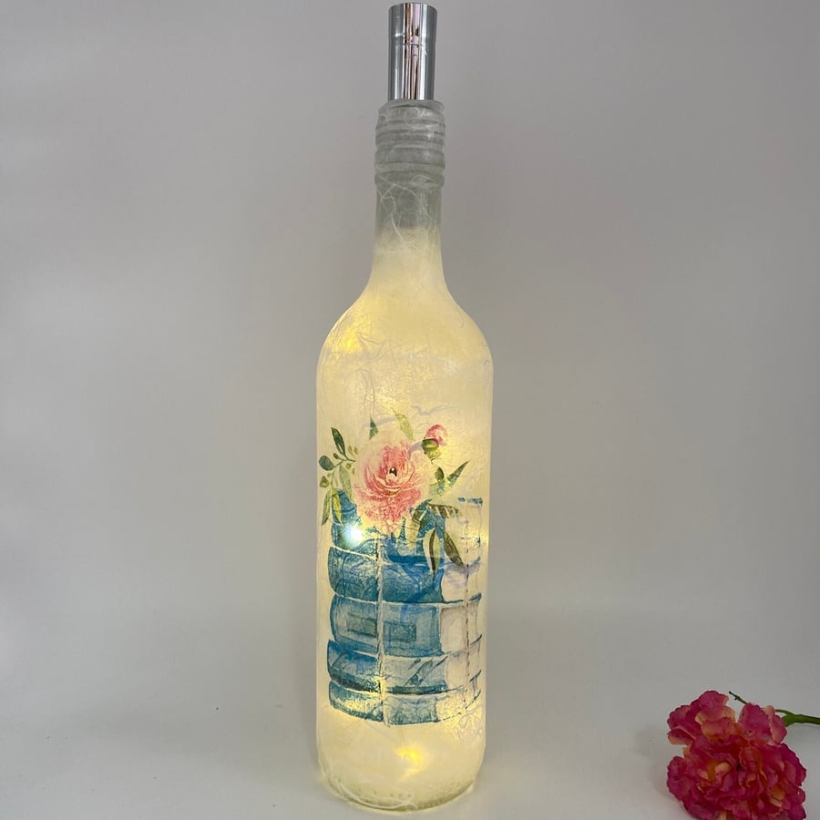 Decoupage bottle light, books, graduation, exam gift