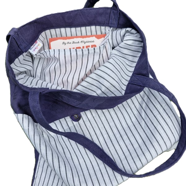 Perfectly imperfect navy tote bag with white striped front pocket and lining