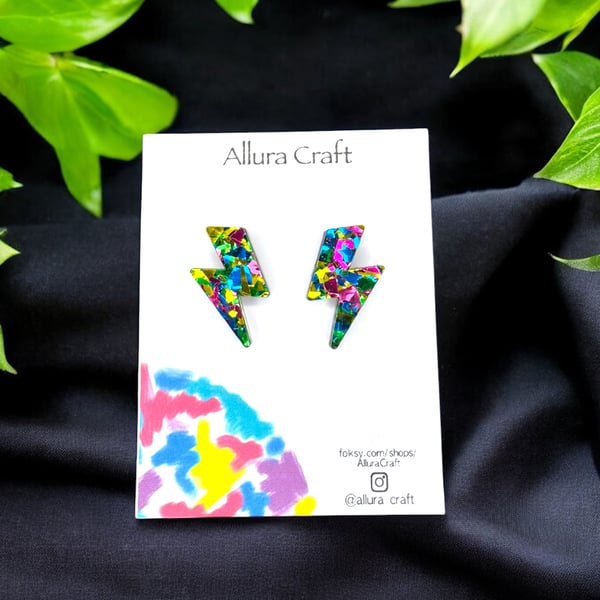 Lightning Bolt Earrings- Green Festival Rainbow Confetti Acrylic 