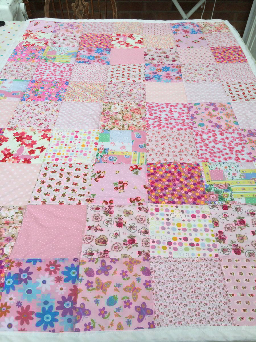 Patchwork quilt, blanket,bed spread,throw in pink cotton  fabrics