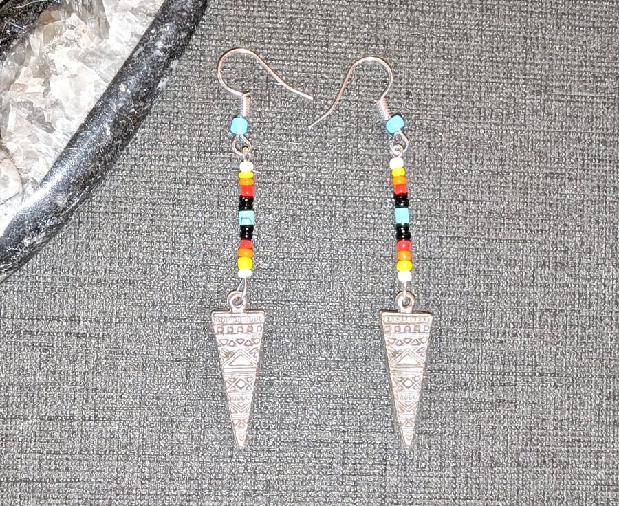 Turquoise and Silver Triangle Long Earrings Native American Inspired