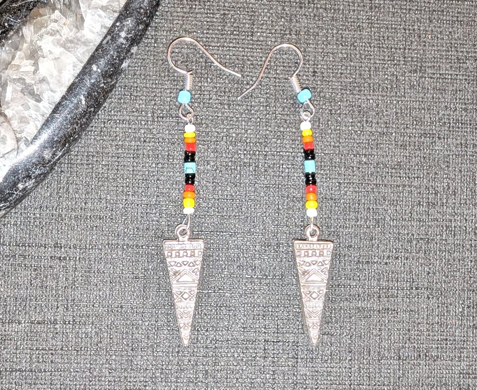 Turquoise and Silver Triangle Long Earrings Native American Inspired