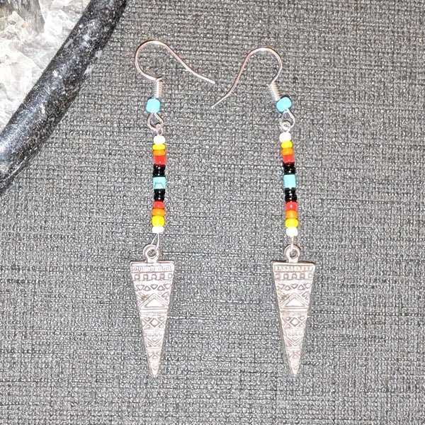 Turquoise and Silver Triangle Long Earrings Native American Inspired