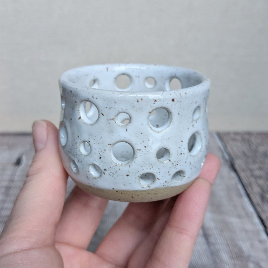 Perfectly imperfect white ceramic holey tealight holder