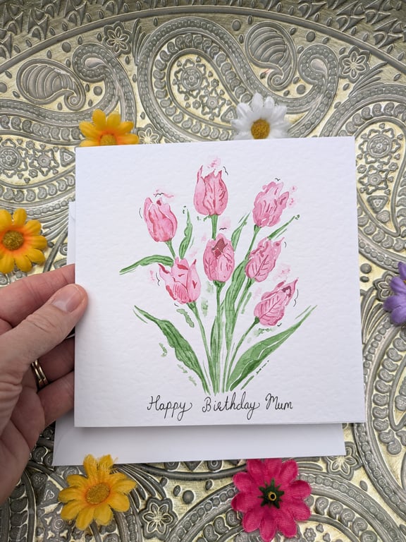 Tulips hand-painted personalised greetings card