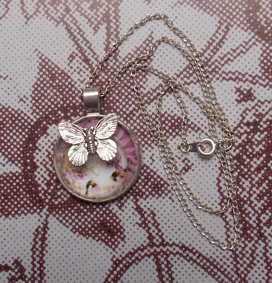 Butterfly with Flowers and Birds Cabochon Pendant