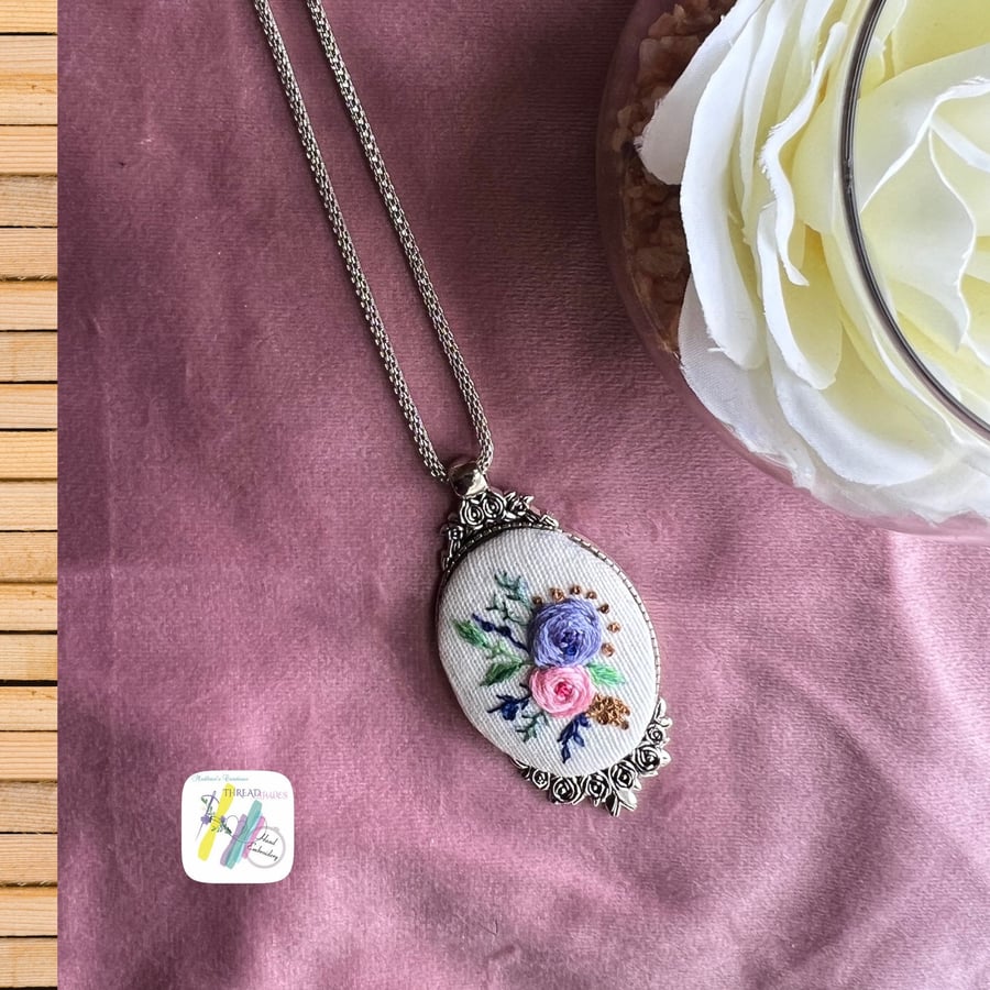 Hand embroidered pendant, embroidery necklace, rose flower embroidery, lilac flo