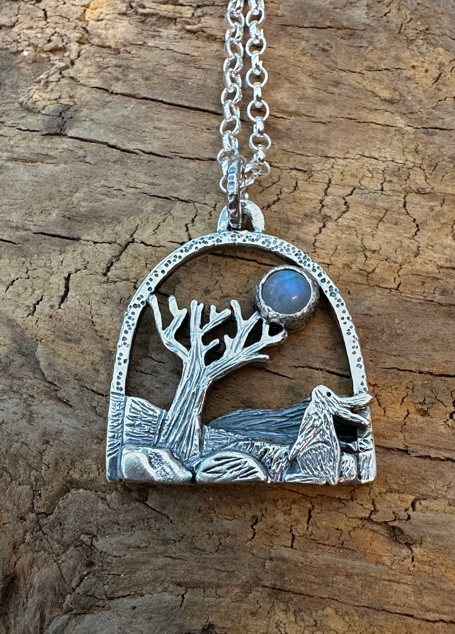 Silver Hare Pendant with Moonstone