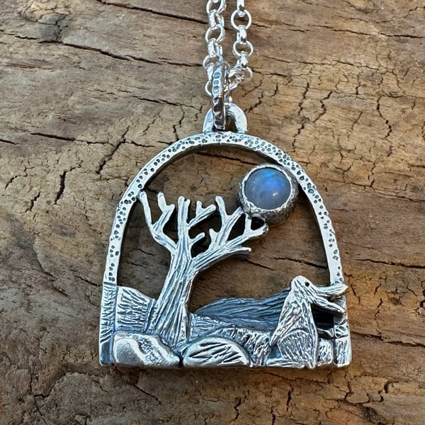 Silver Hare Pendant with Moonstone