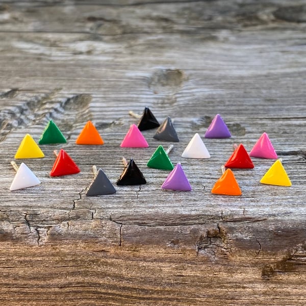 Enamel triangle stud earrings. Sterling silver studs.