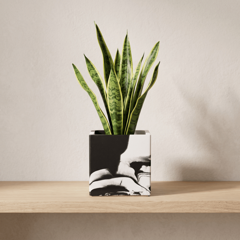 Black and White 10 cm Square Plant Pot - Marbled Indoor Planter